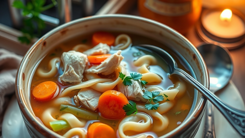 Classic and Comforting Chicken Noodle Soup Recipe A comforting bowl of Chicken Noodle Soup with chicken, carrots, celery, and egg noodles, garnished with parsley.